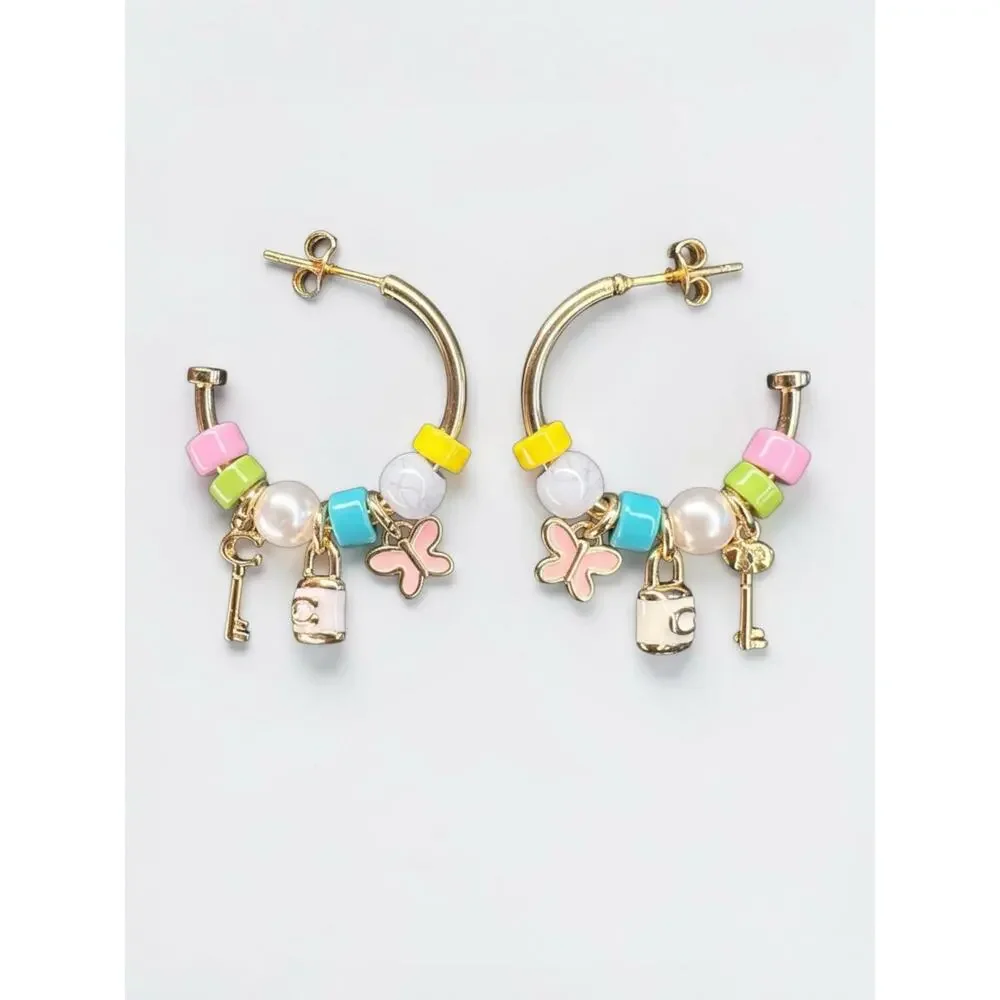 NWT Coach Padlock Multi Charm Huggie Earrings  Gold Beaded Butterfly Key Logo - Picture 2 of 6